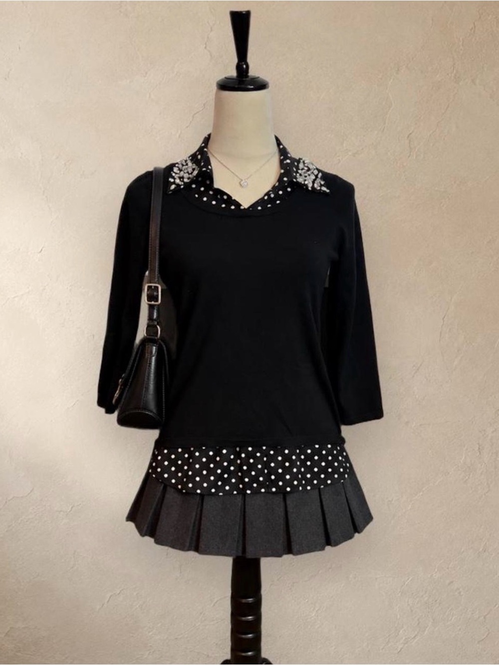 INC International Concepts Black Polka Dot Trim Embellished Collar Top